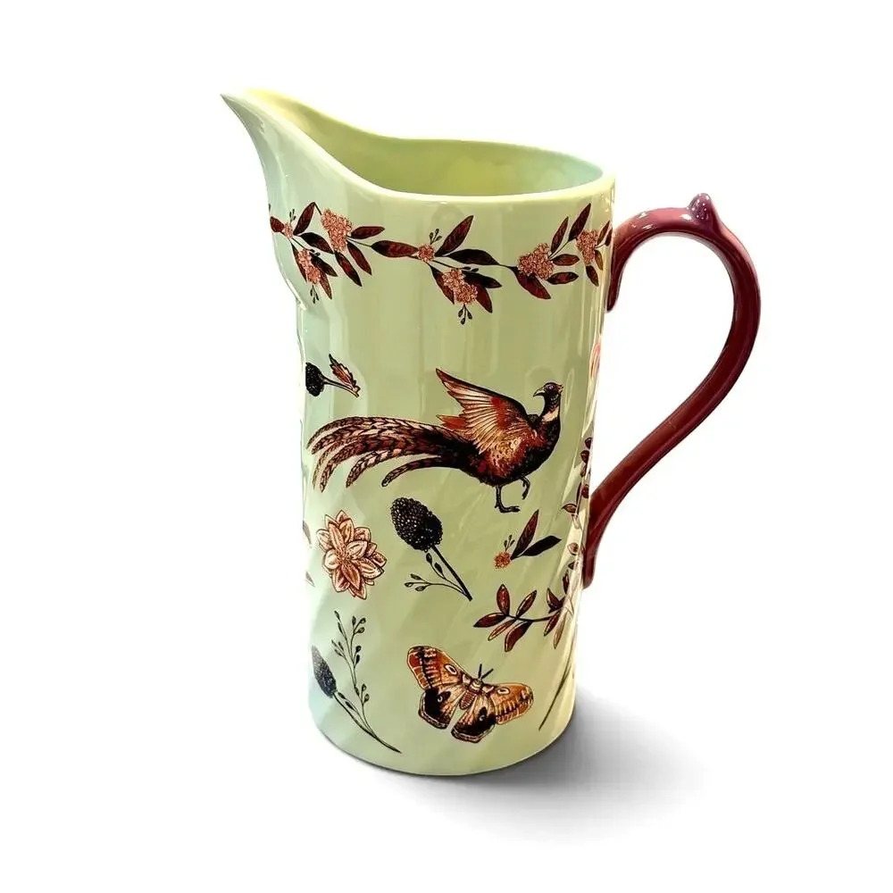Anthropologie Elin Pitcher Handpainted Stoneware Pheasant Floral 18.5